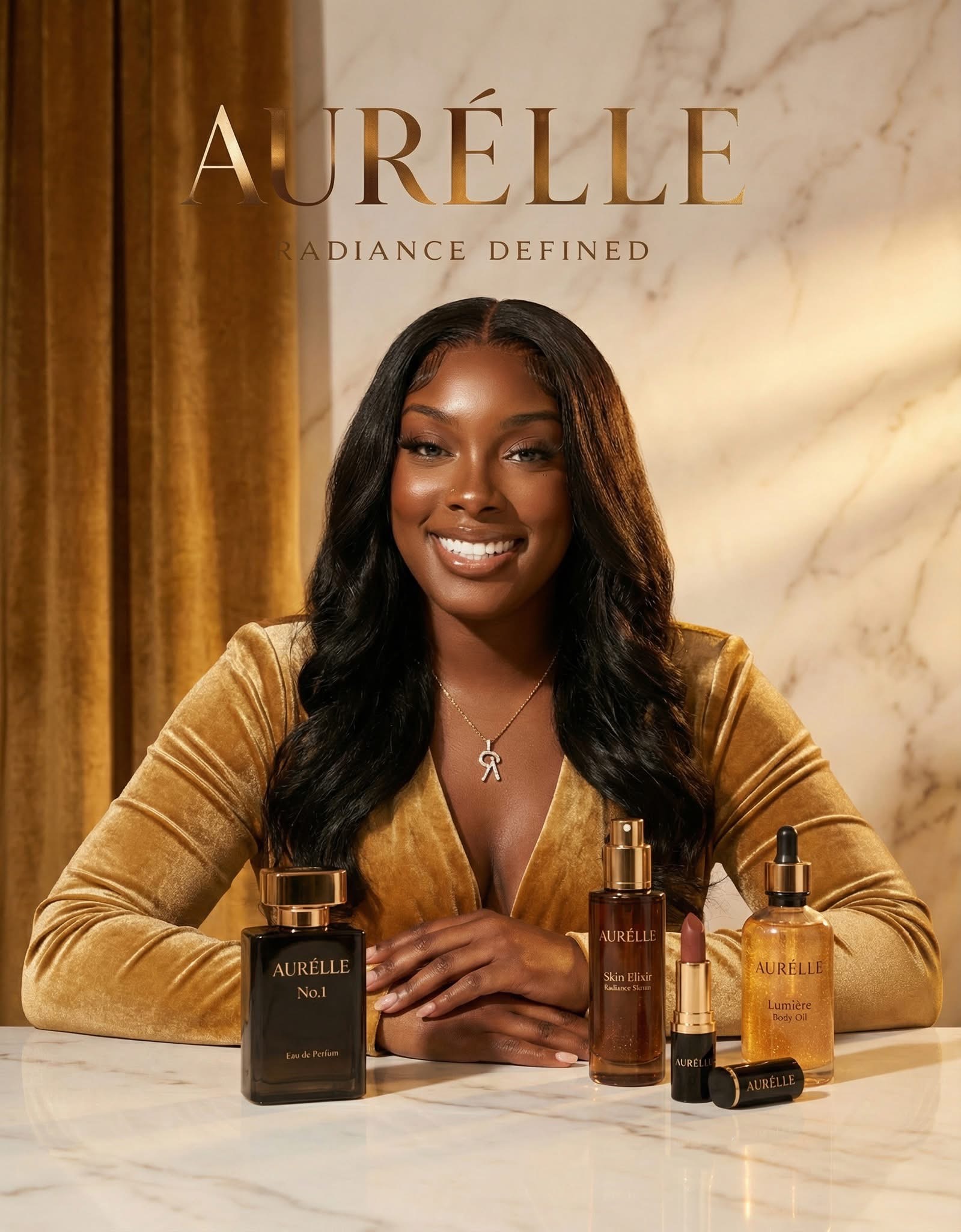Mature Black woman presented in an AURÉLLE luxury fragrance campaign
