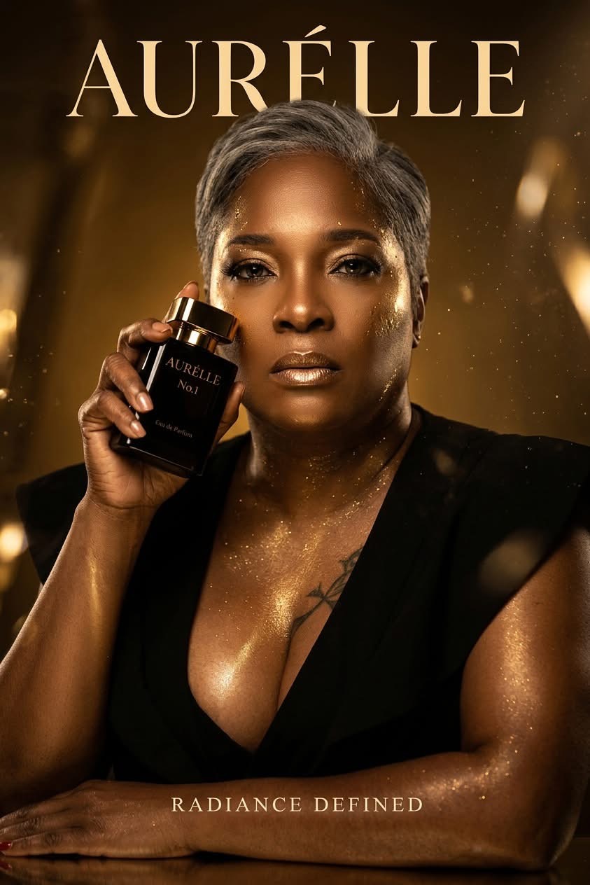 Silver-haired Black woman holding AURÉLLE No. 1 fragrance