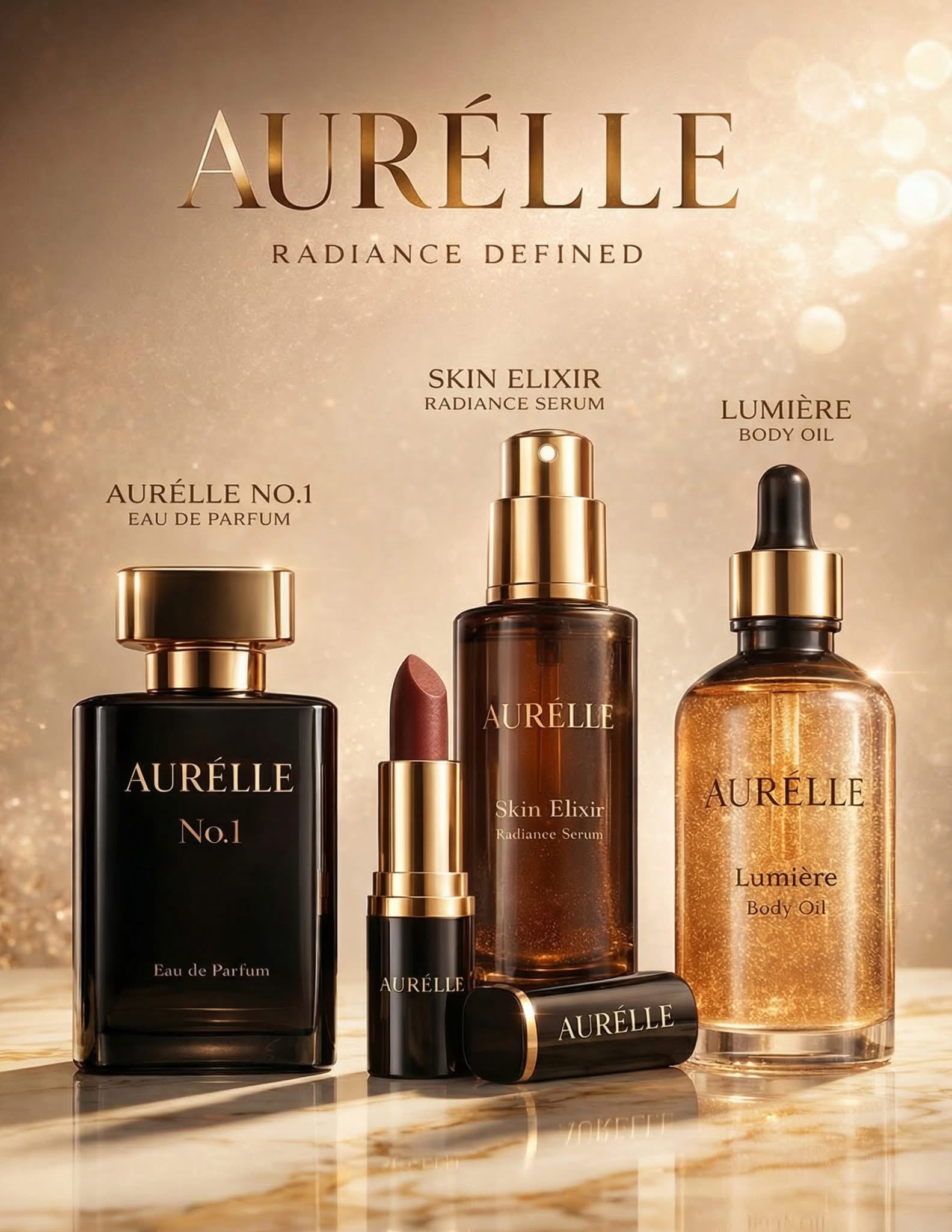 AURÉLLE fragrance, serum, body oil and lip product family