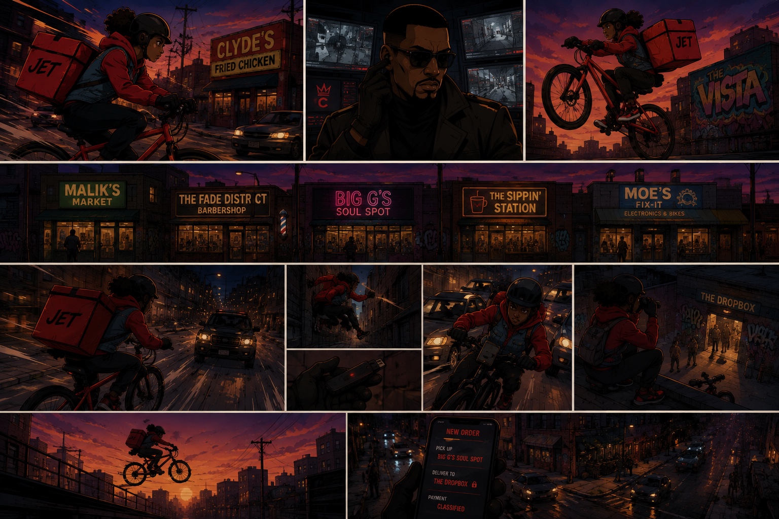 Jet action collage featuring The Vista storefronts, bike jumps, chase sequences and classified delivery screens