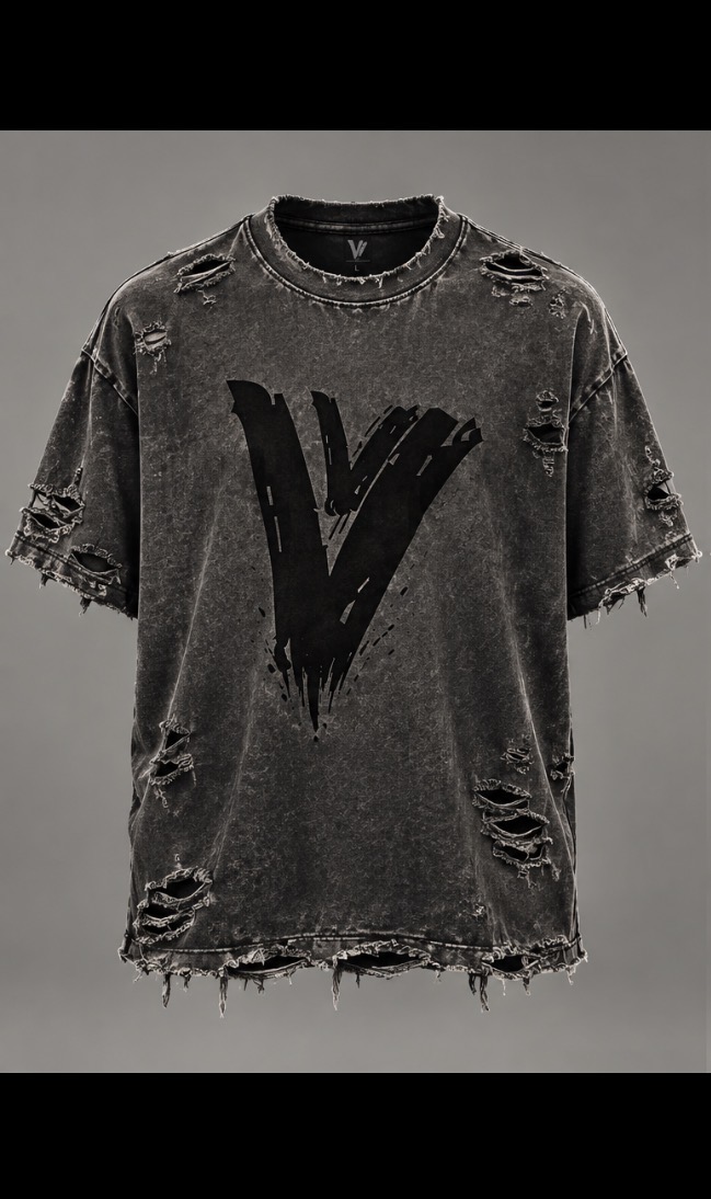 AI-assisted visualization of the VZNRY VIBE core distressed VV tee