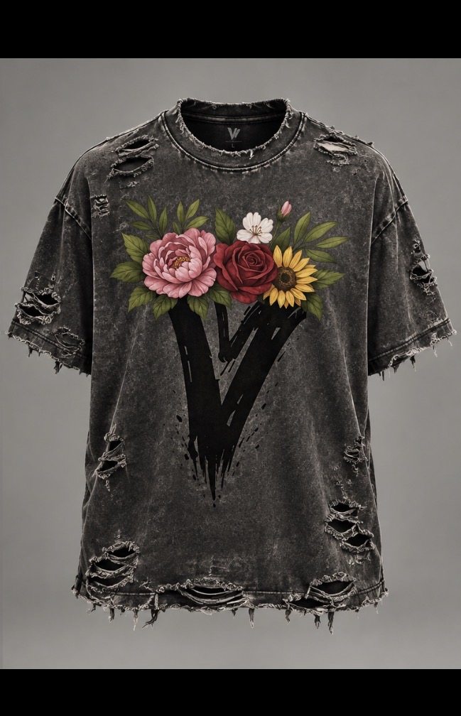 AI-assisted visualization of the VZNRY VIBE floral VV tee
