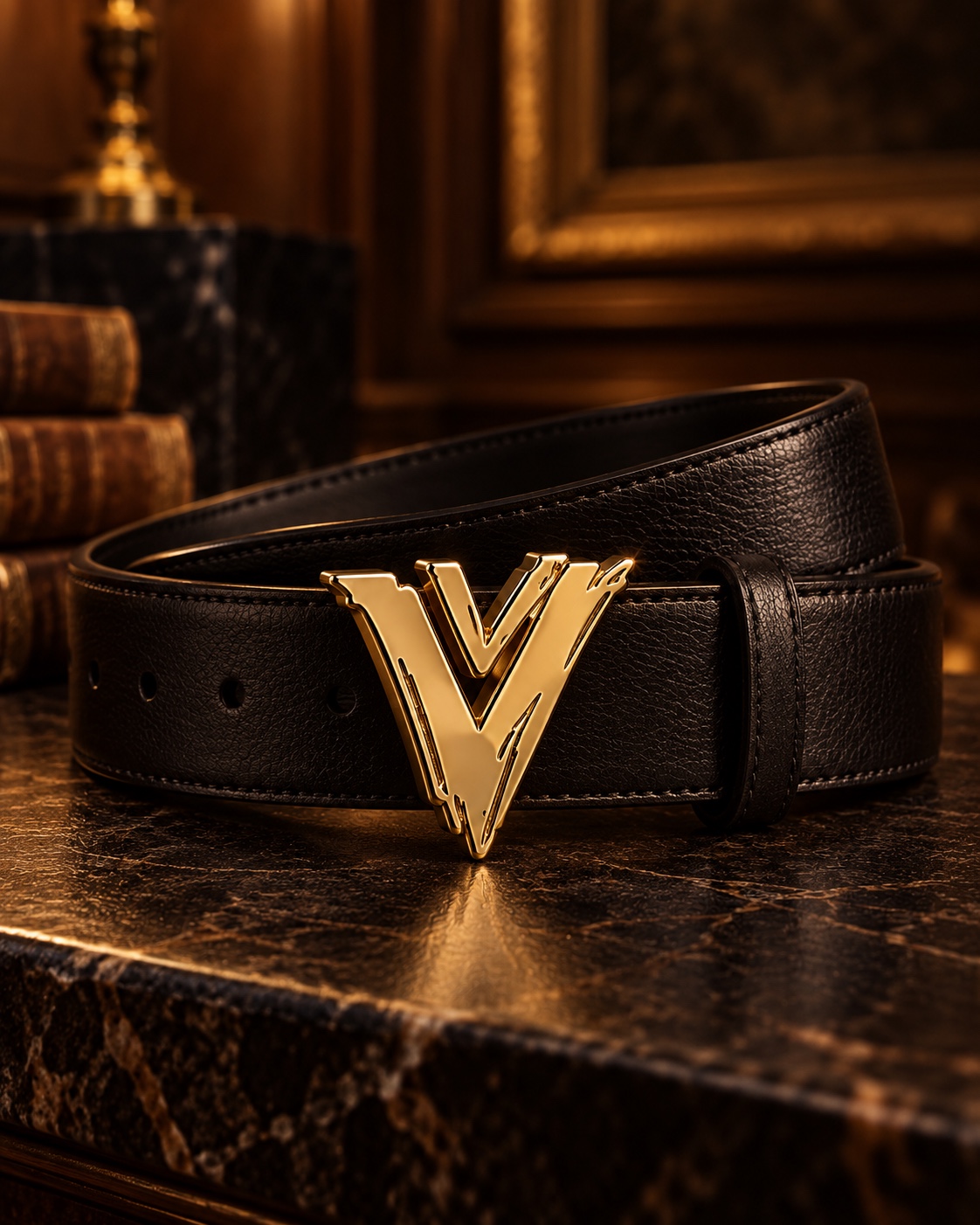 AI-assisted product visualization of a VZNRY VIBE belt and statement buckle