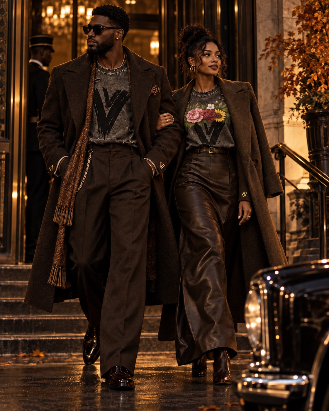 AI-assisted visualization of an elevated VZNRY VIBE streetwear campaign outside a hotel