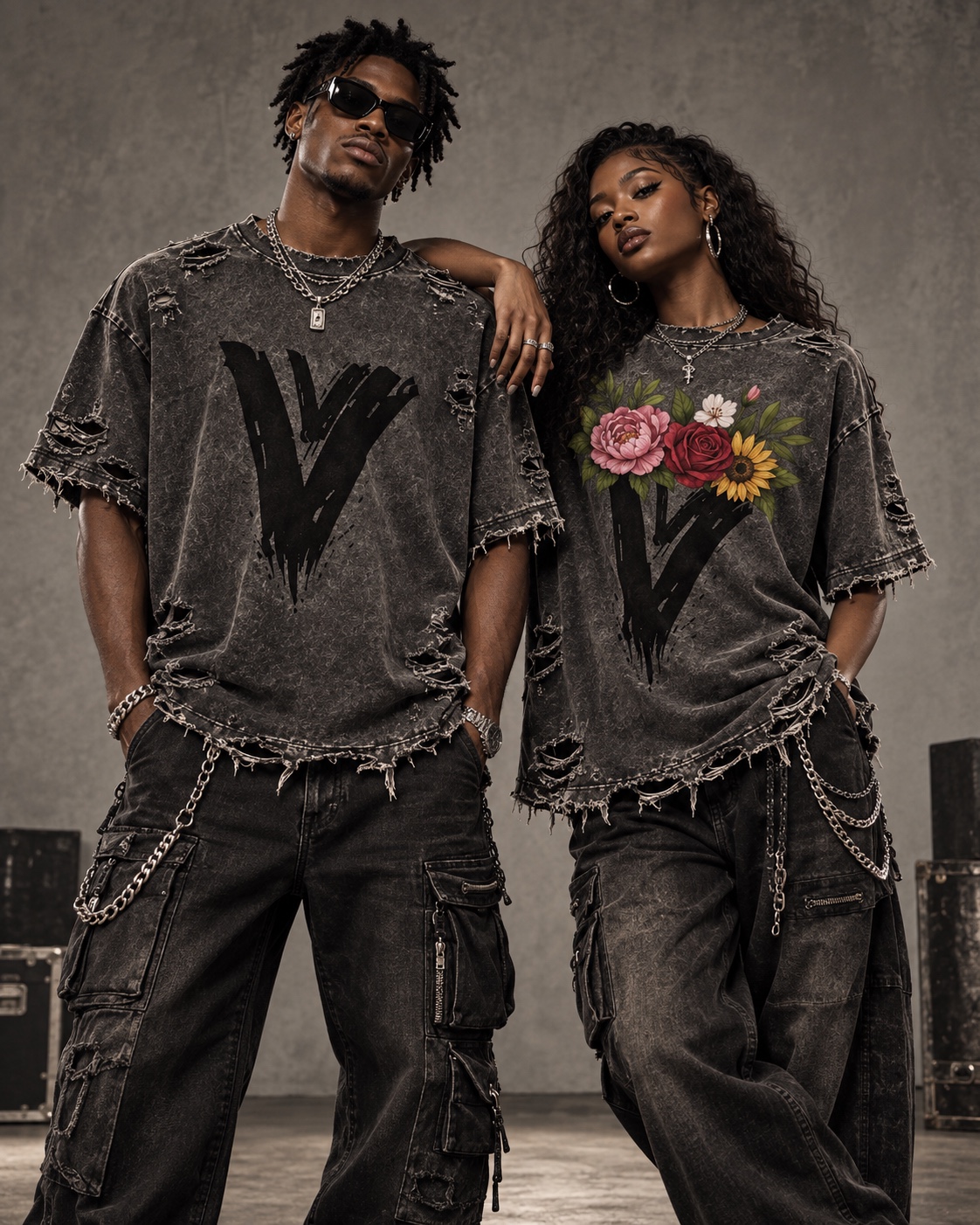 AI-assisted visualization of the distressed VZNRY VIBE streetwear campaign