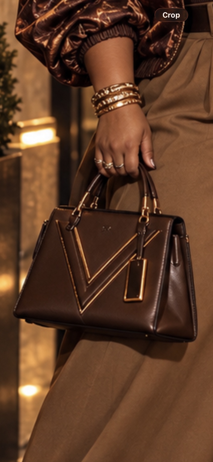 AI-assisted visualization of a structured brown leather V-line tote