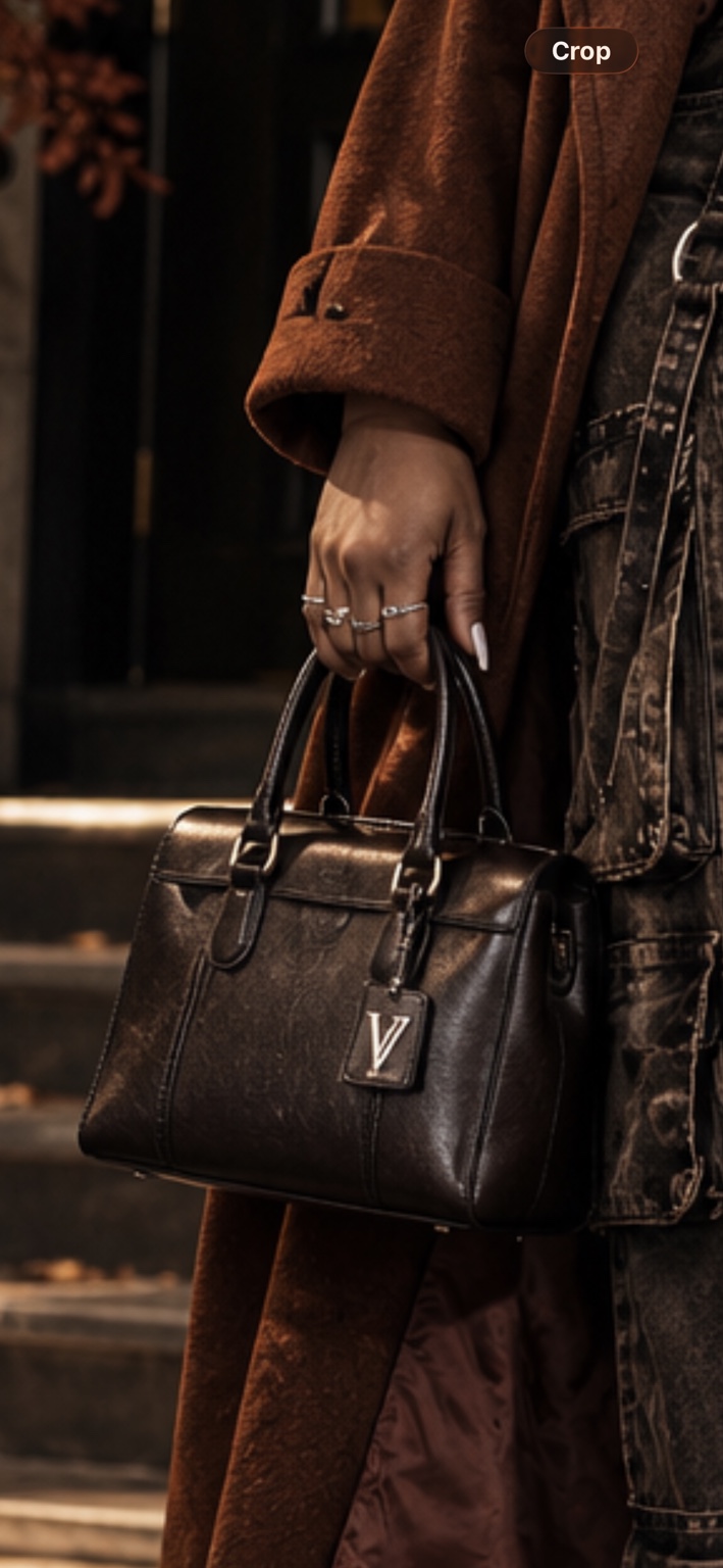 Understated dark leather carry bag with V detail