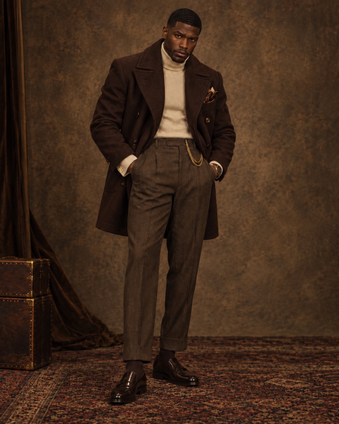 VZNRY VIBE modern heritage menswear study in a brown overcoat and cream turtleneck