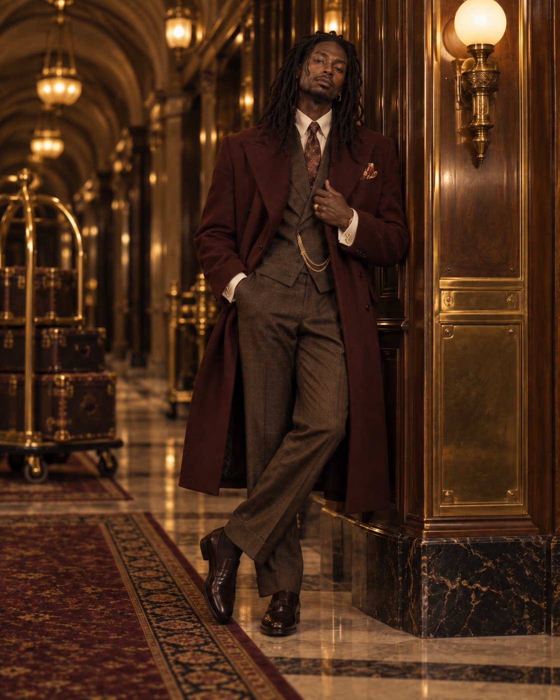 VZNRY VIBE burgundy overcoat and traditional suiting study
