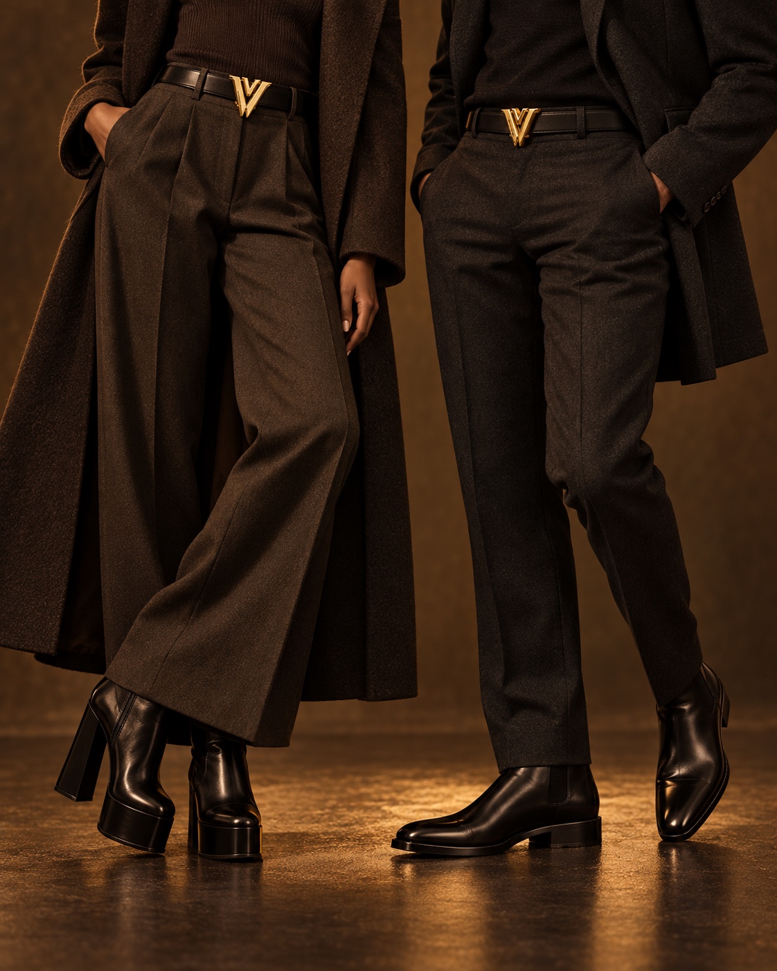 His-and-hers tailoring, footwear and VZNRY VIBE belt hardware detail